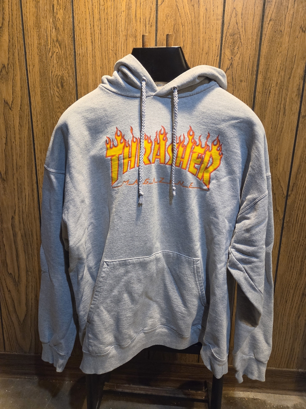 Thrasher Gray Hoodie with Orange & Yellow Flame Logo Large